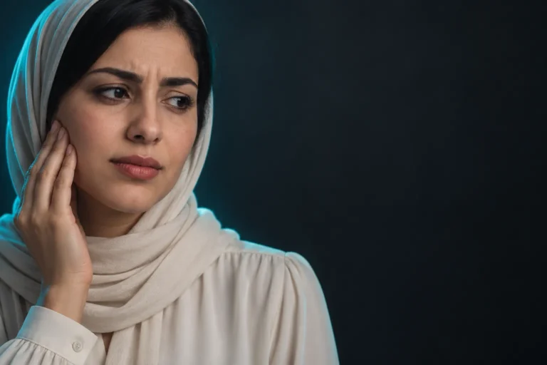 امرأة خيالية تلامس منطقة الفك لتوضيح دليل علاج مفصل الفك من سمايل إن